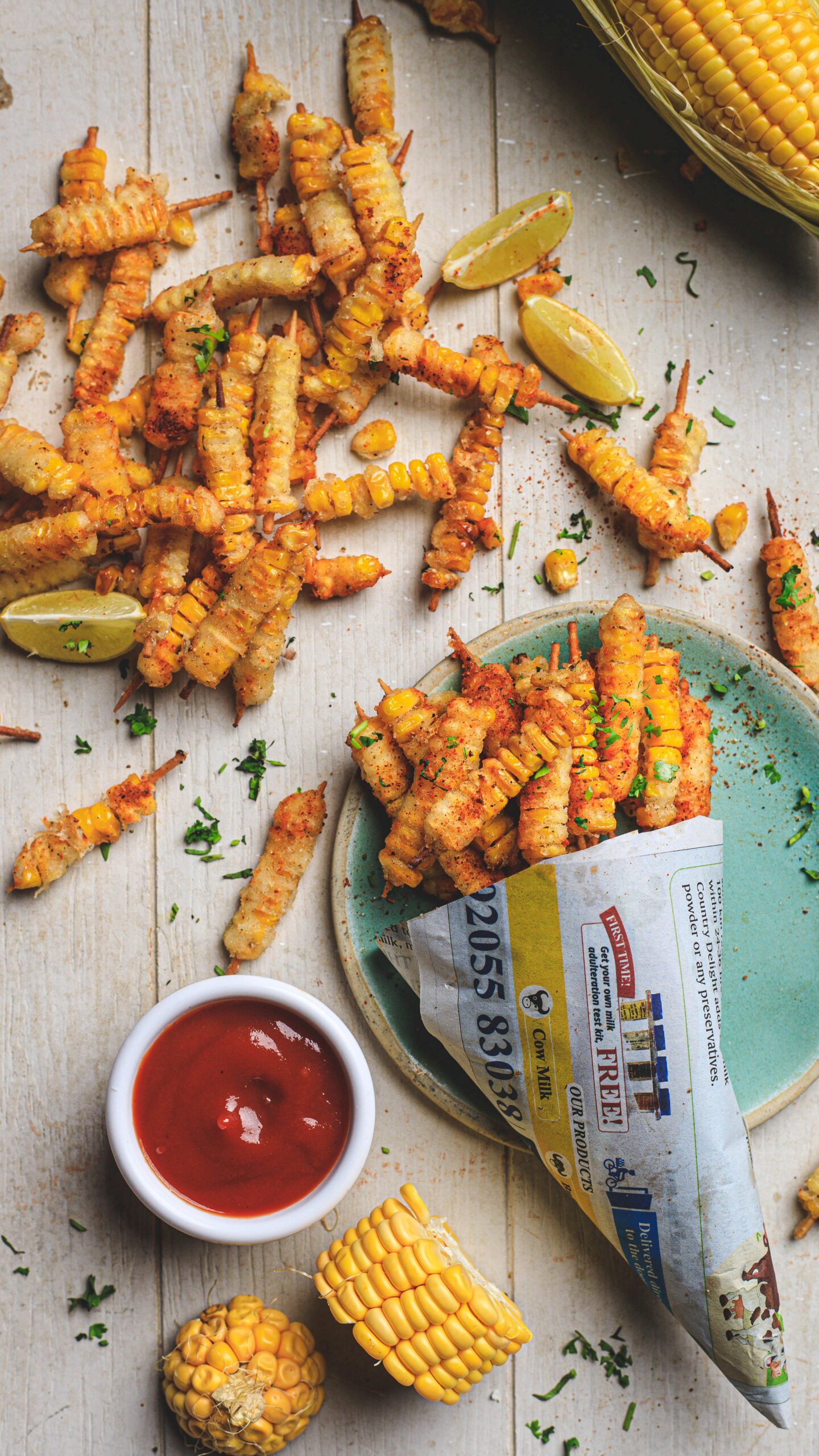 Delicious and crispy corn fries served with ketchup and lime wedges on a rustic table.